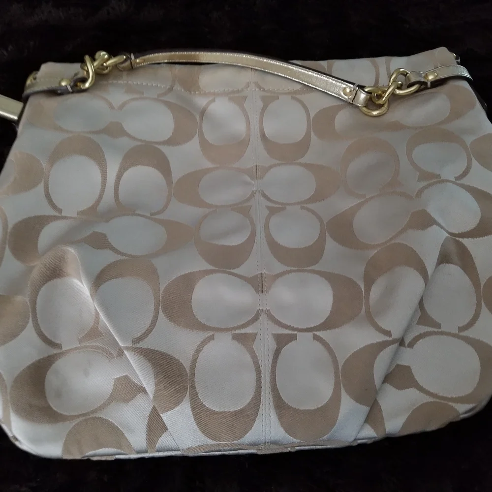 Coach Cream and Gold Signature Shoulder Bag with Slouchy Silhouette - Picture 8 of 11